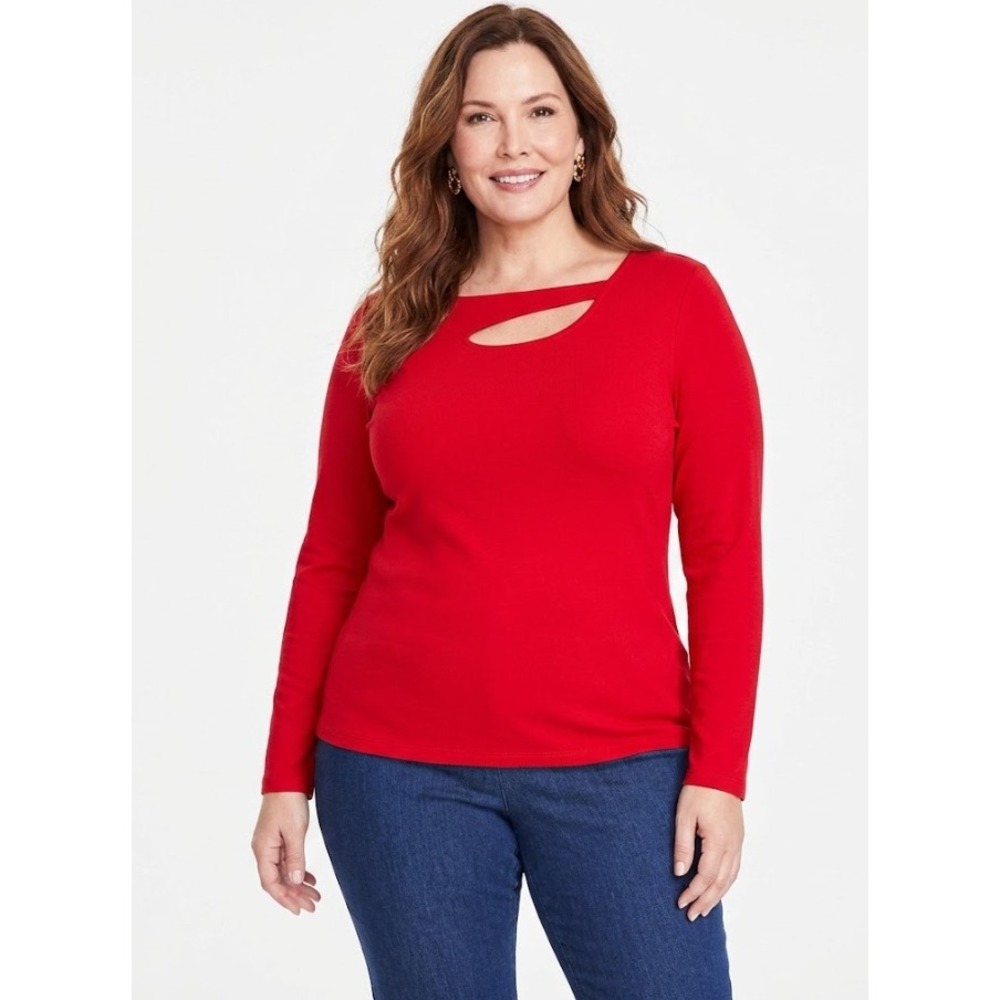 INC International Concepts Red Long-Sleeve Asymmetric Keyhole Top
